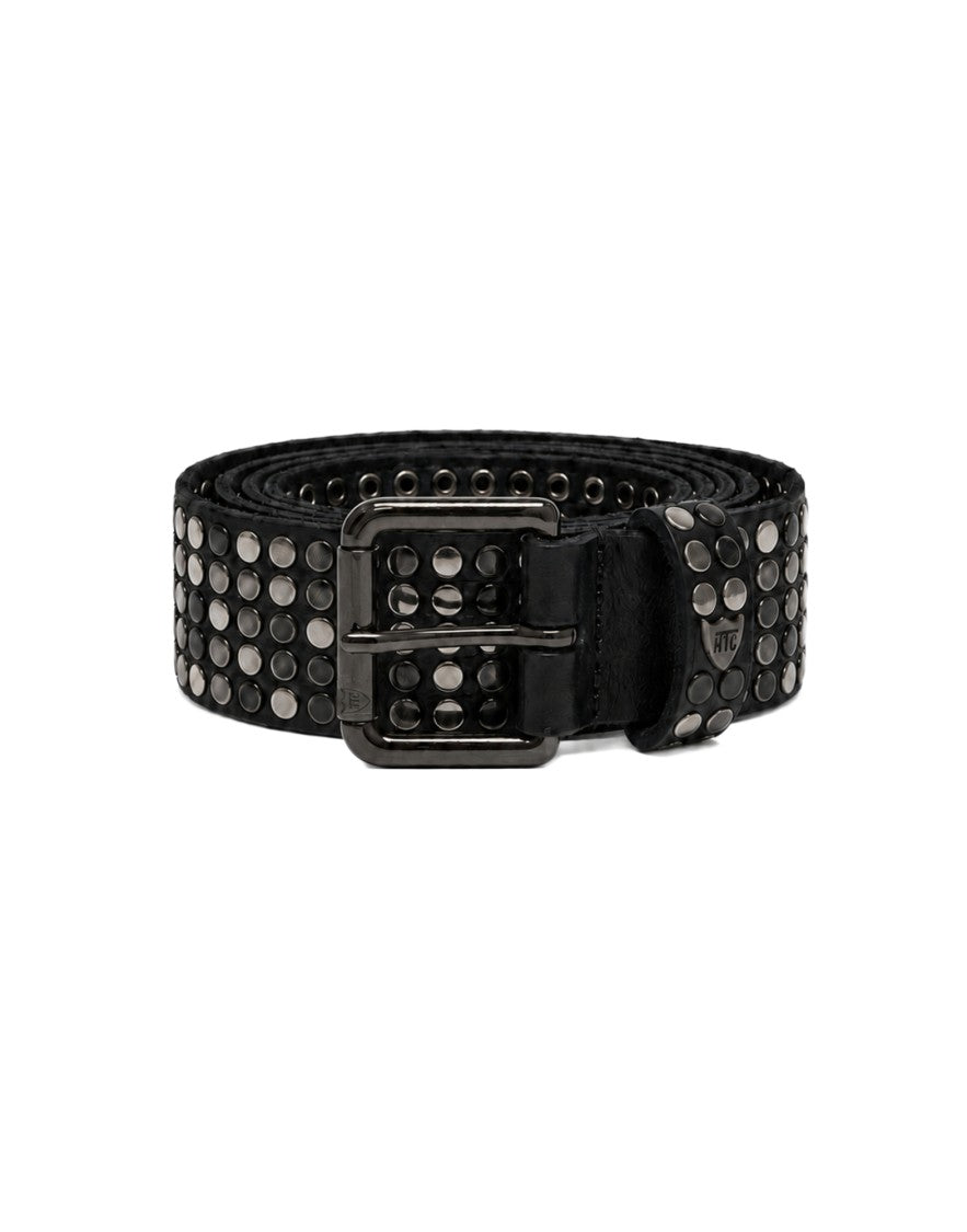 Htc Los Angeles Studded Black Leather Belt With Dark Metallic Buckle