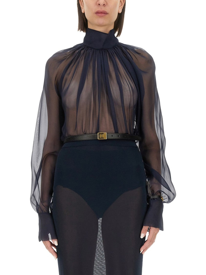 Saint Laurent Silk Turtleneck Blouse With Gathered Neckline