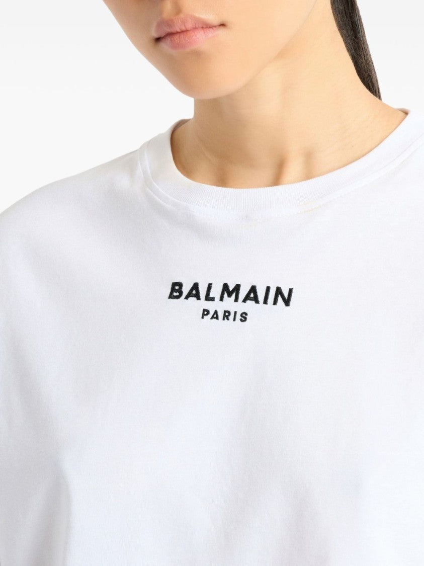 Balmain White Embroidered Cropped Ribbed Logo T-Shirt