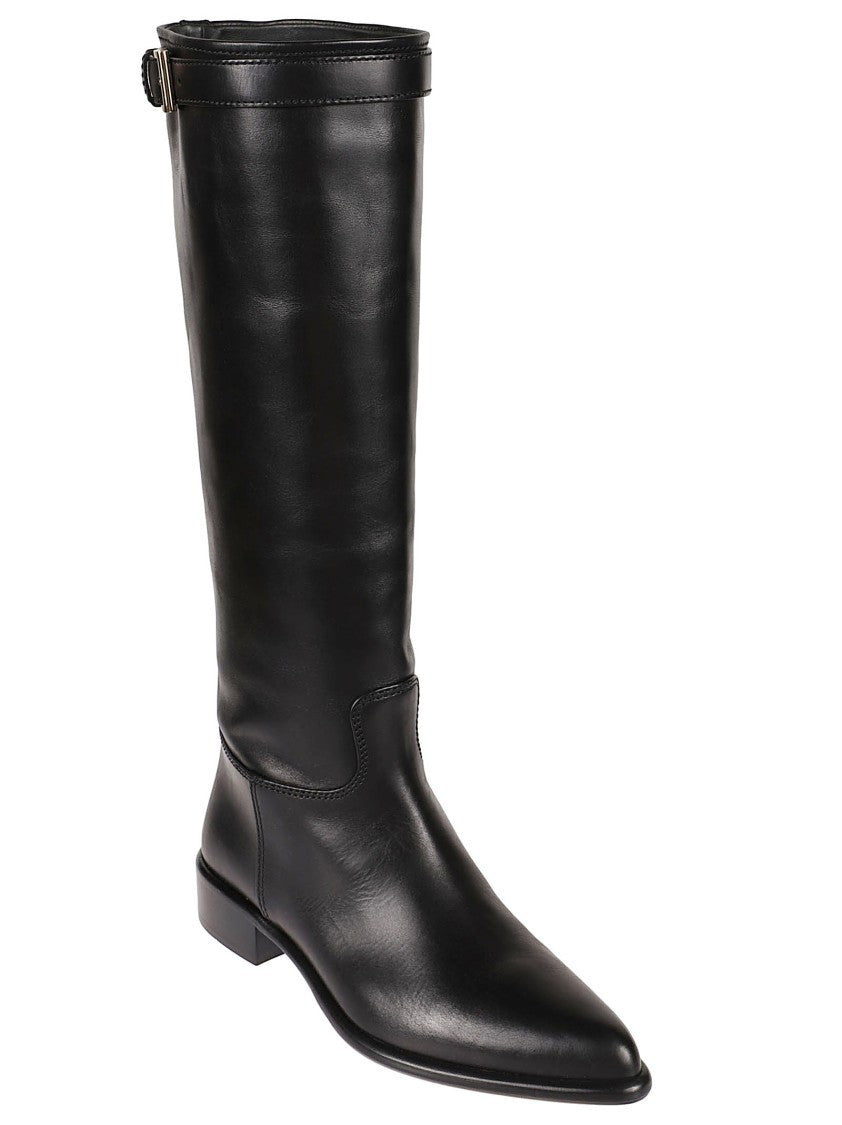 Prada Knee-High Black Leather Boot With Pointed Toe
