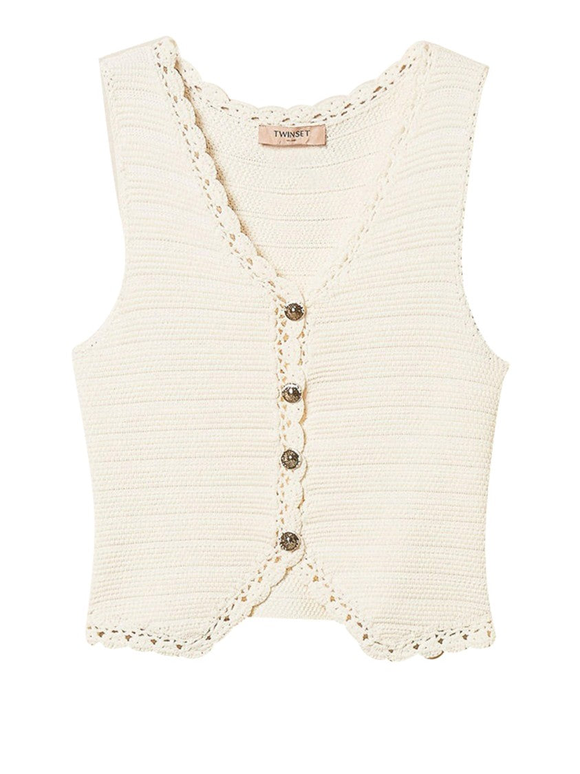 Twin-Set Sleeveless Knit Vest With Crochet Trim