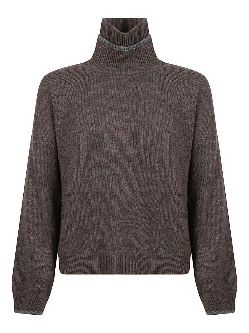 Brunello Cucinelli Double Turtleneck Cashmere Sweater With Monile Detail
