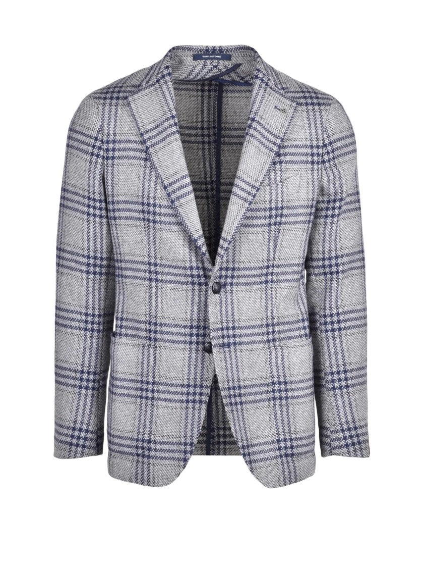 Tagliatore Rounded Blazer In Grey With Blue Checkered Pattern