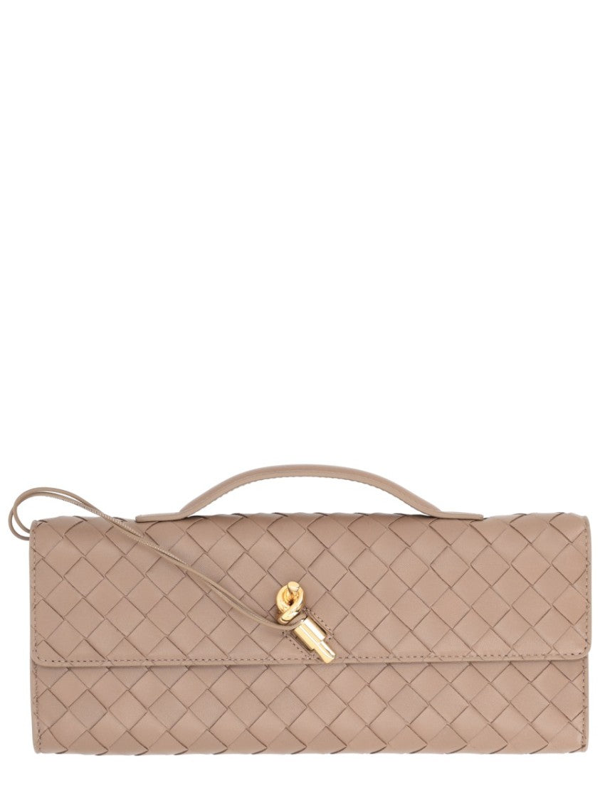 Bottega Veneta Rectangular Woven Lamb Leather Clutch With Gold-Tone Charm