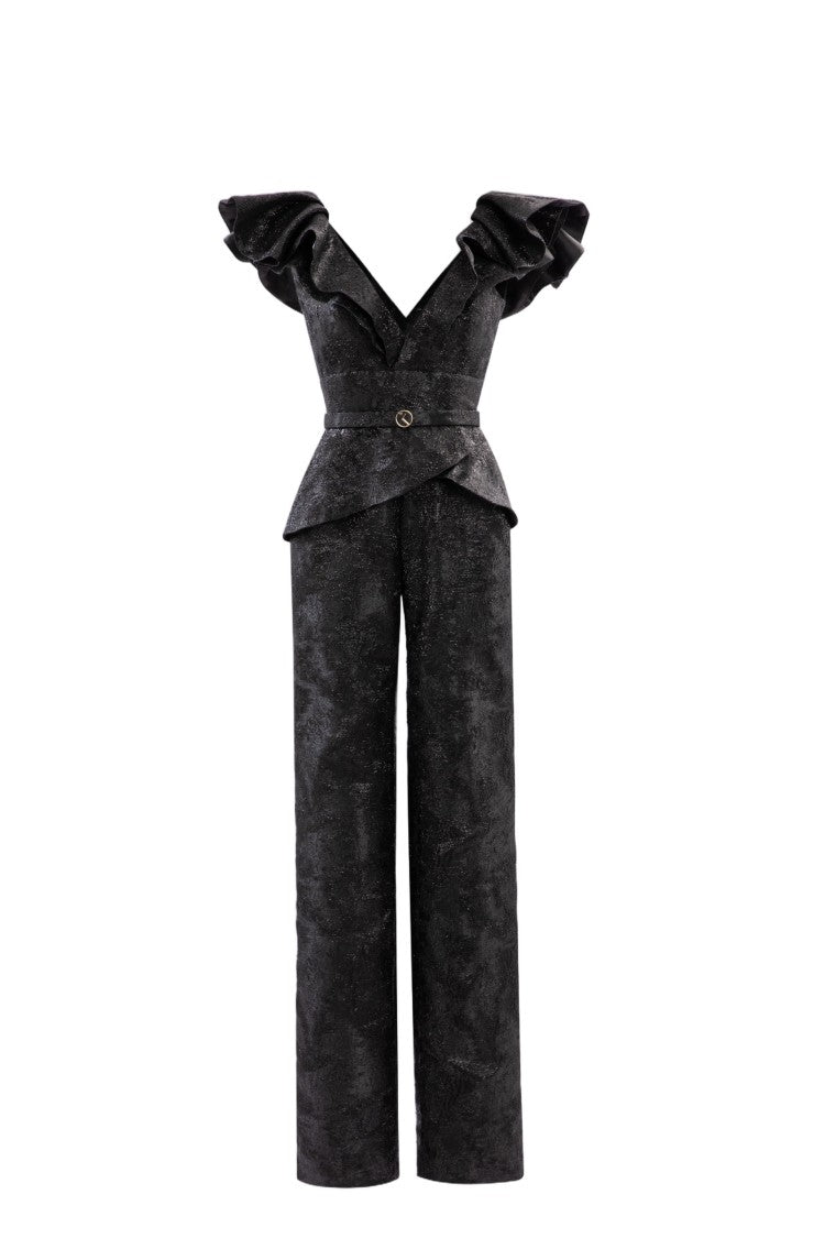 Saiid Kobeisy Dramatic Jet Black Brocade Jumpsuit