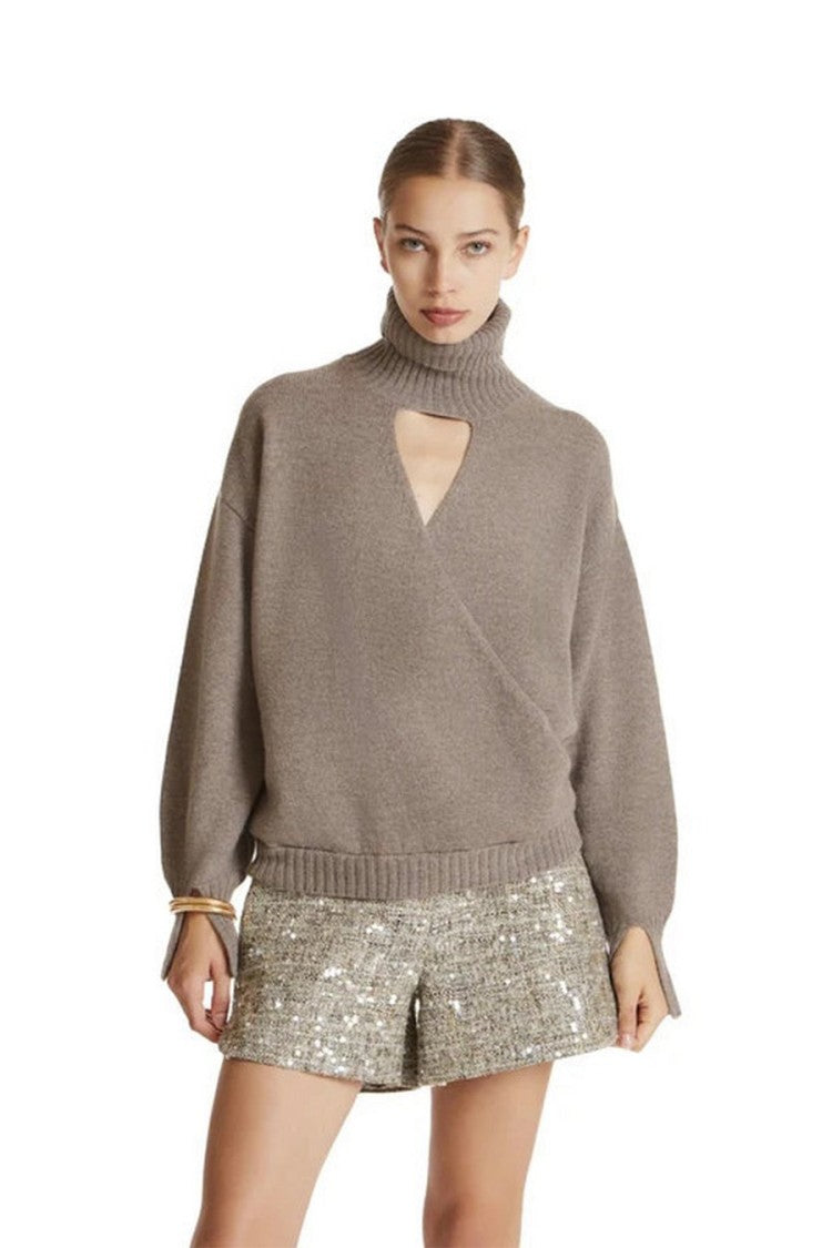 Simona Corsellini Taupe Wool Cutout Turtleneck Sweater