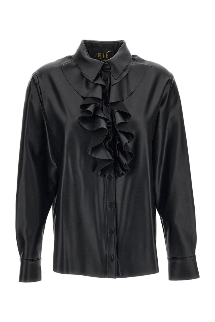 Irie' Button-Up Shirt With Vertical Ruffle Detail And Leather-Like Texture