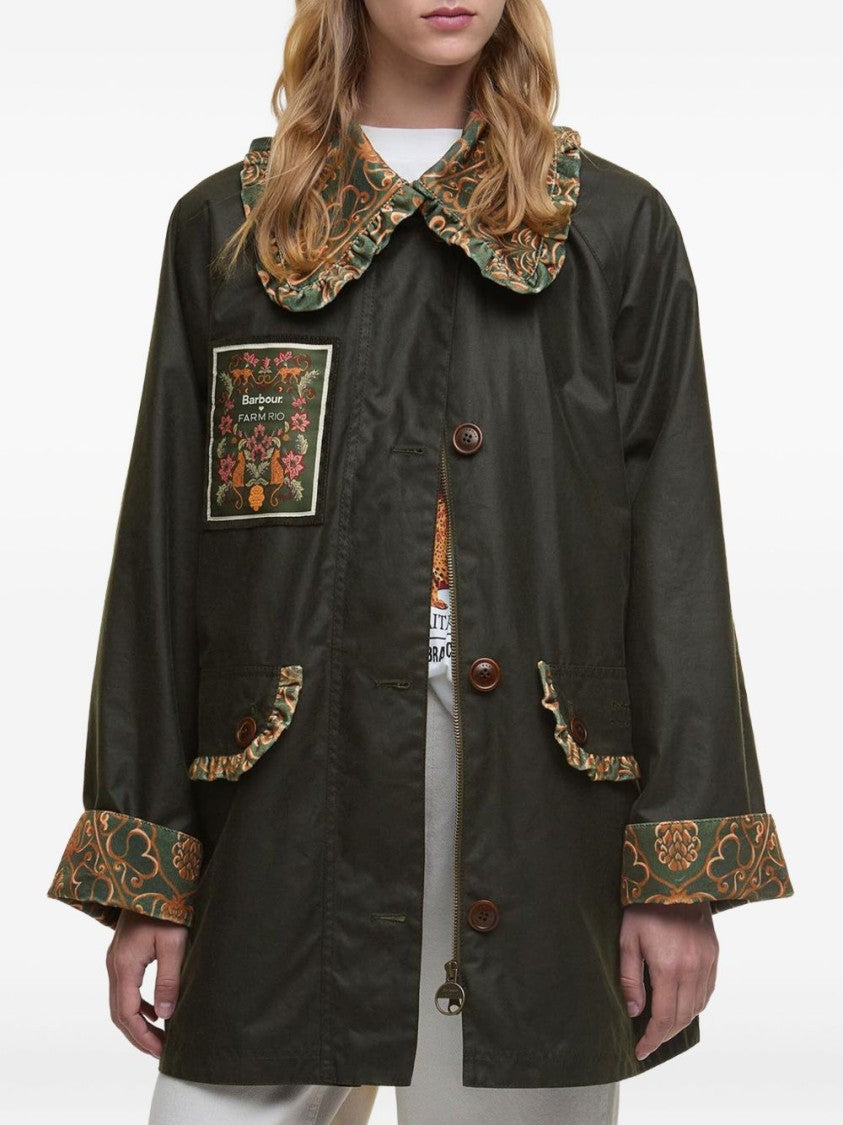 Barbour Dark Green Cotton Jacket With Patterned Collar