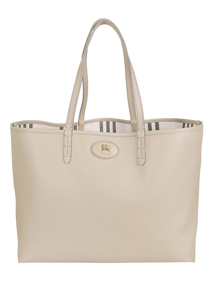 Burberry Calf Grain Leather Tote Bag With Striped Interior