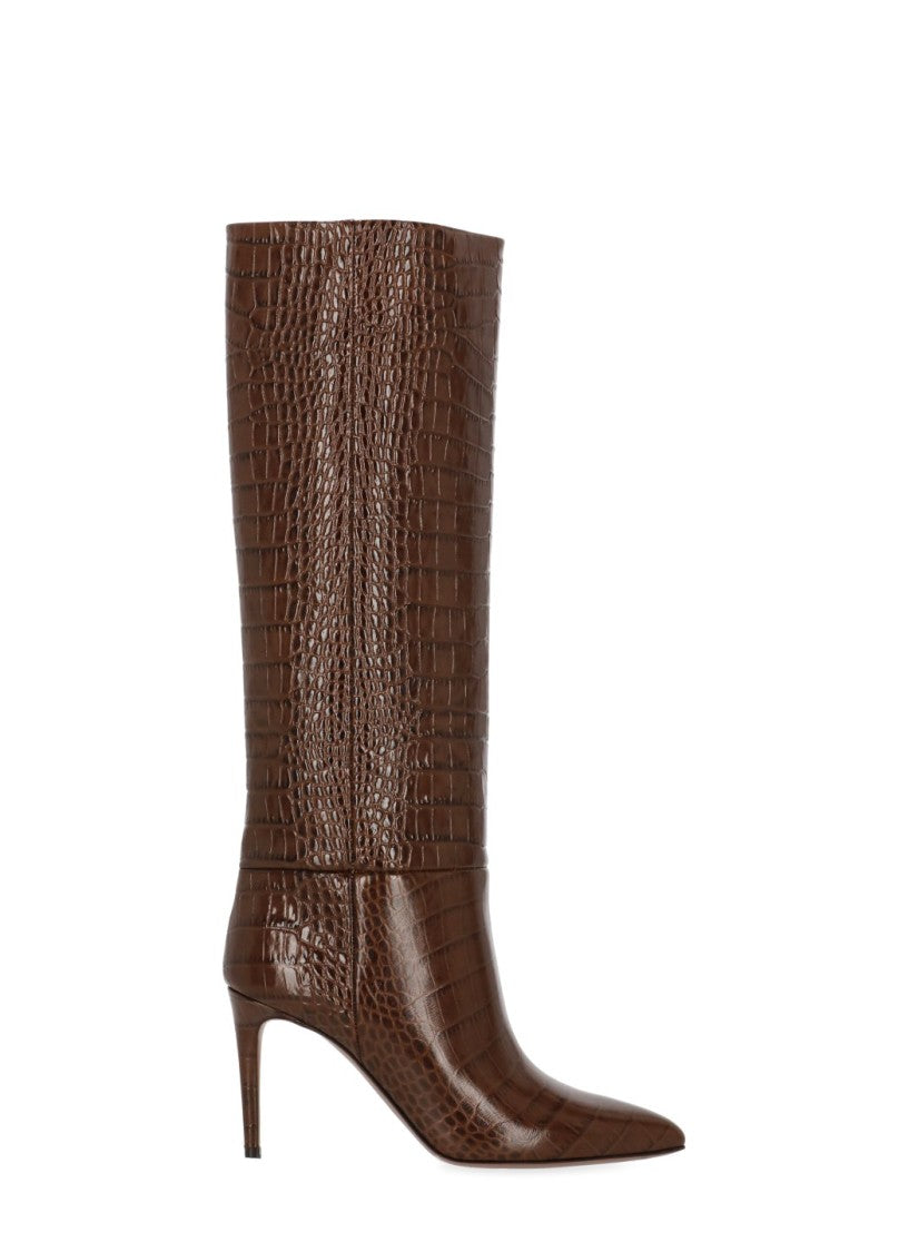 Paris Texas Mid-Calf Brown Crocodile-Effect Boots With Arrow Toe