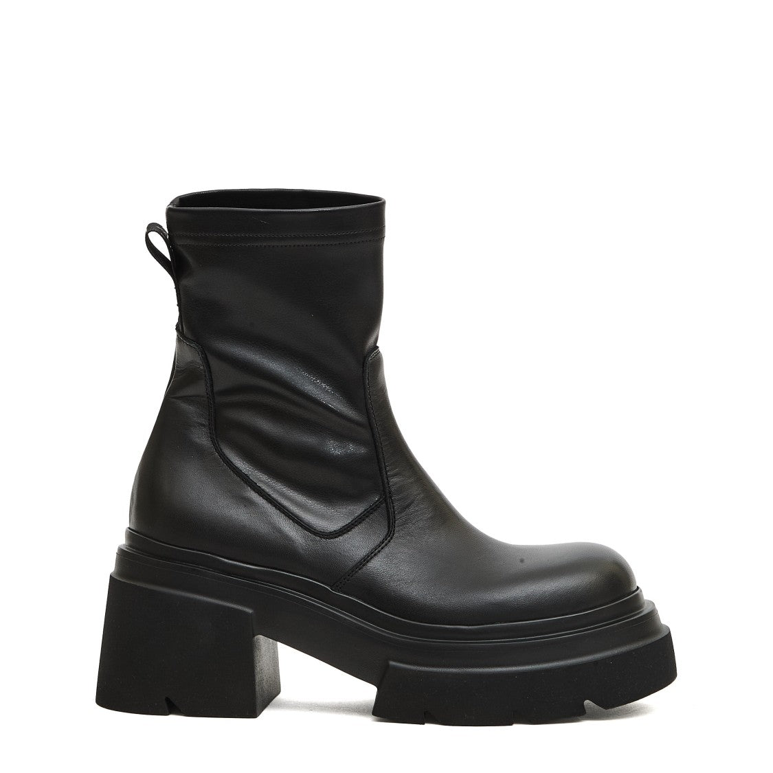 Elena Iachi Chunky Black Stretch Leather Ankle Boots With Rubber Sole
