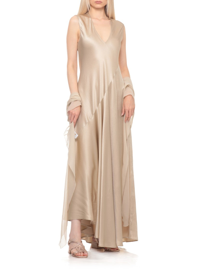 Antonelli Firenze Gold Silk Blend Maxi Dress With V-Neck And Flared Hem