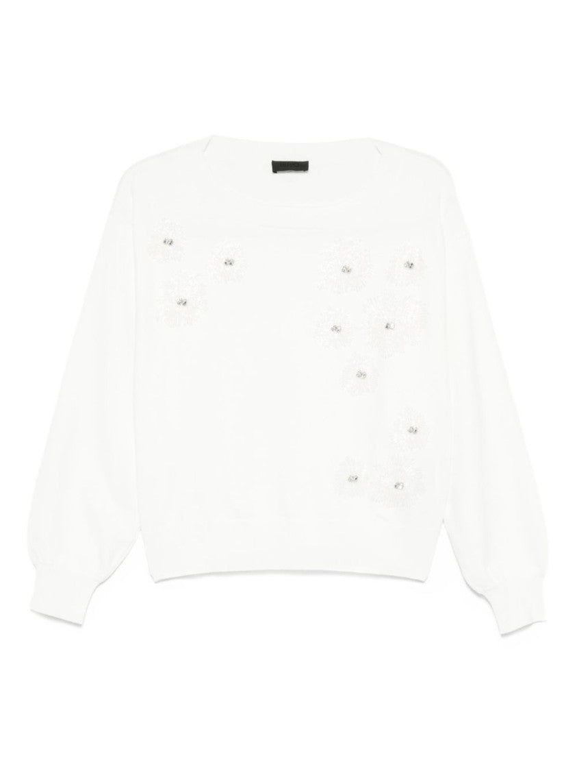 Liu Jo Relaxed Fit White Sweater With Floral Embellishments