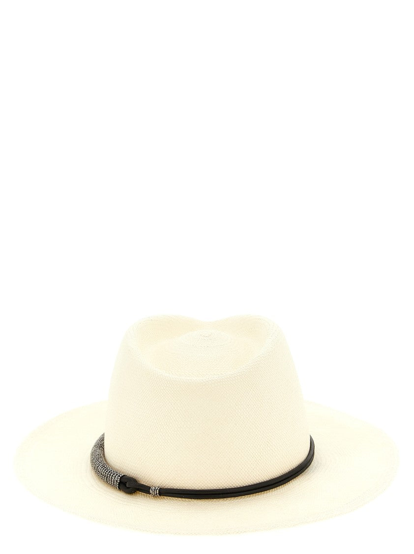 Brunello Cucinelli Woven Raffia Fedora Hat With Tubular Leather Band