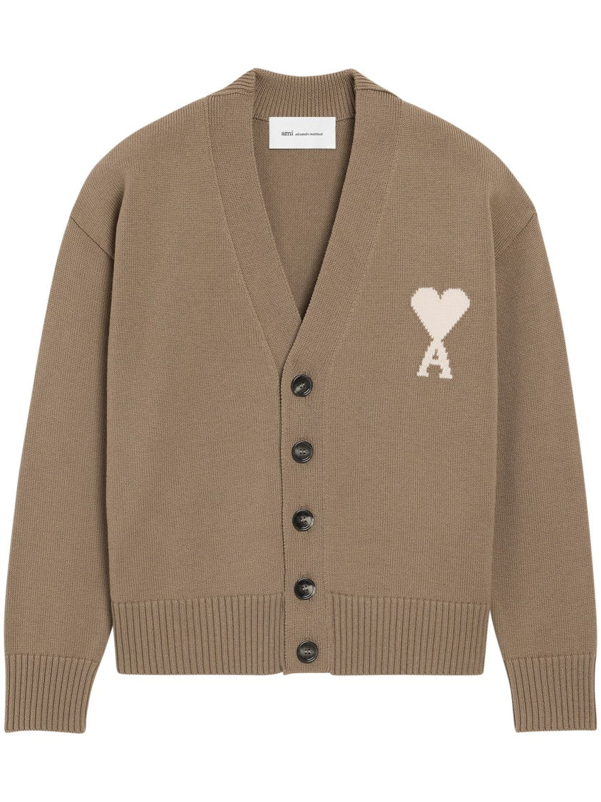 Ami Paris Knitted Cardigan With V-Neckline And Contrasting Heart Motif