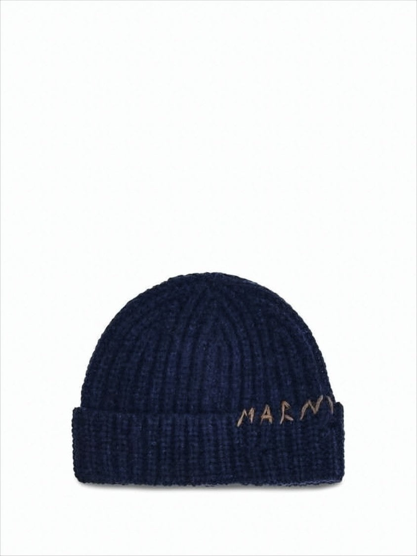 Marni Ribbed Knit Wool Beanie With Subtle Embroidered Detailing