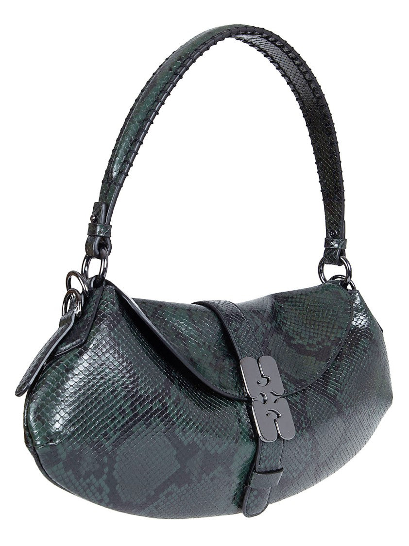 Ganni Crescent-Shaped Shoulder Bag In Glossy Faux Snake Texture