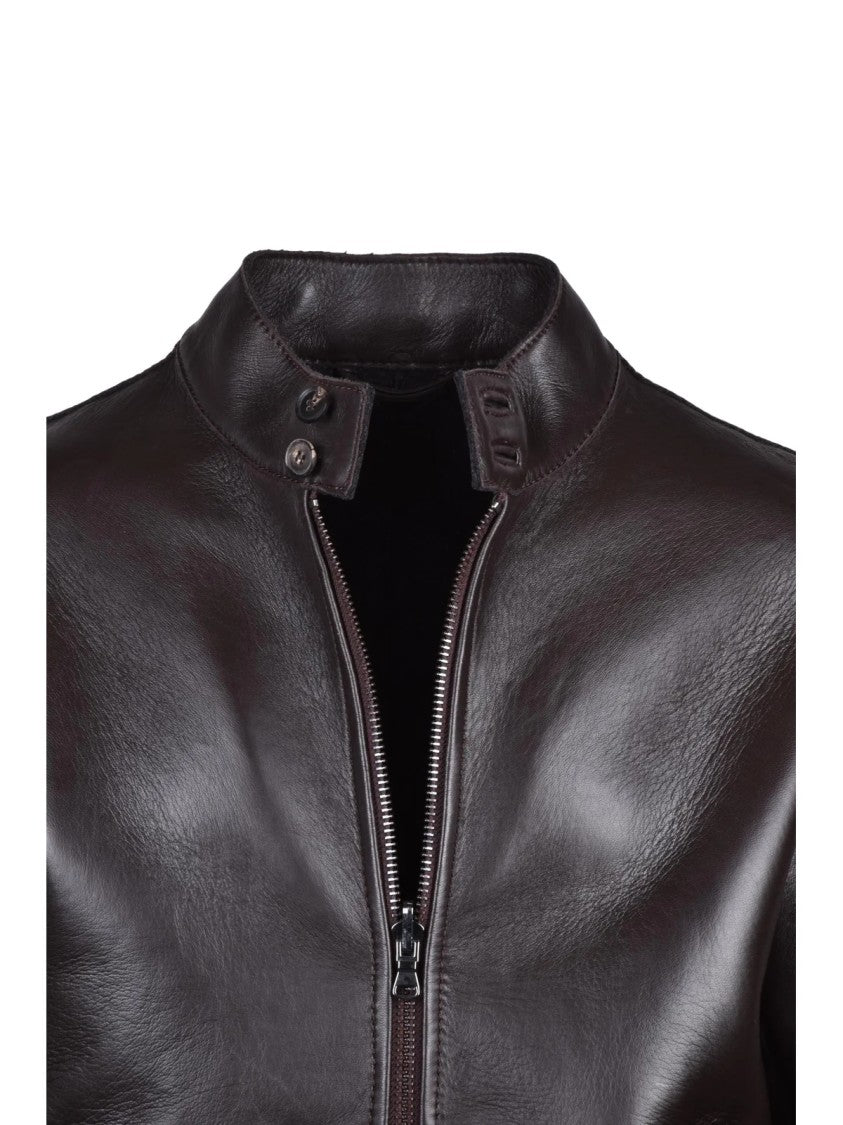 Freaky Nation Brown Leather Jacket With Wool-Lined Interior And Zip Closure