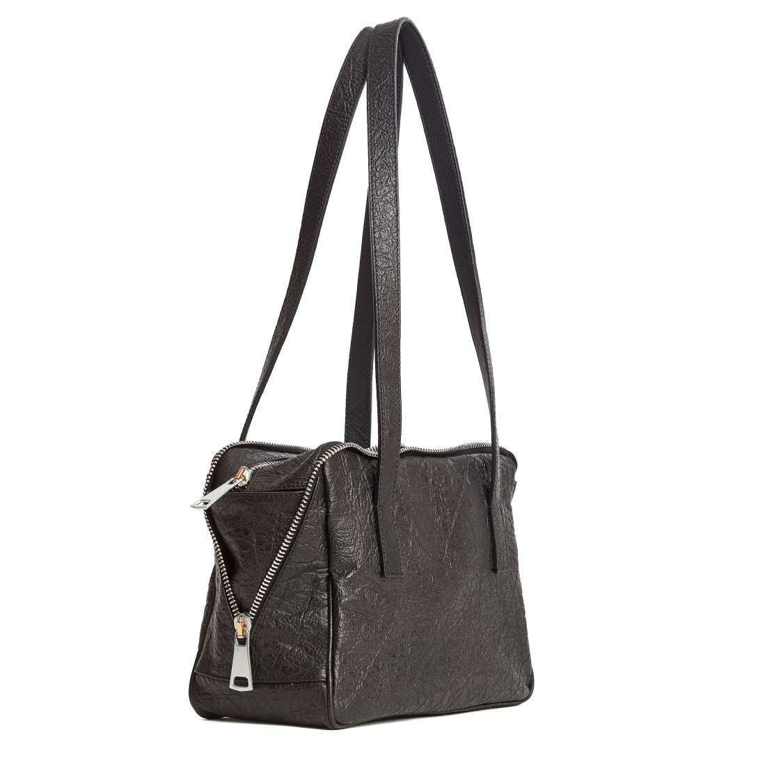 Amine Crinkled Leather Small Shoulder Bag With Double Zip Closure