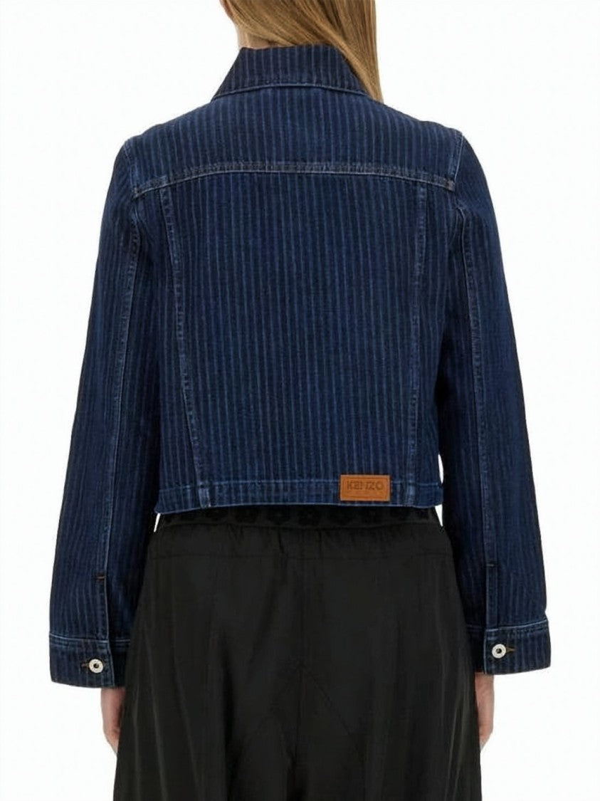 Kenzo Cropped Indigo Blue Denim Jacket With Classic Collar