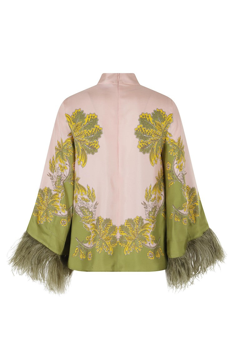 La Double J Swathe Placèe Blouse With Feather-Adorned Sleeves And Asymmetrical Hem