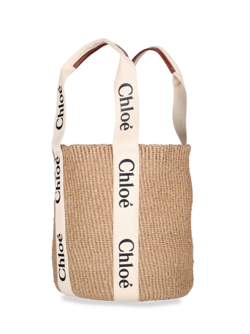 Chloé Beige Woody Large Rafia Tote Bag