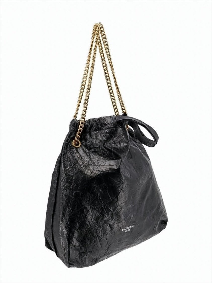 Balenciaga Slouchy Shoulder Bag With Crinkled Texture And Gold-Tone Chain Handles