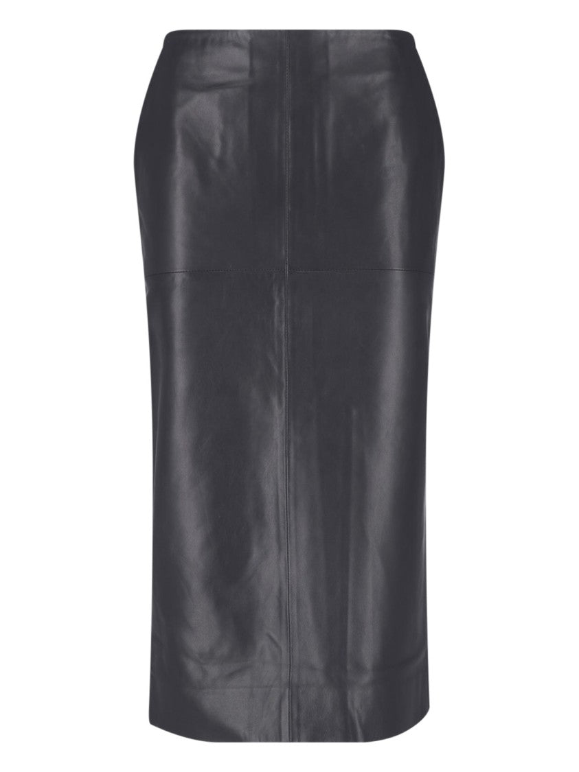 Almada Fitted Black Leather Midi Skirt With Back Zip Closure