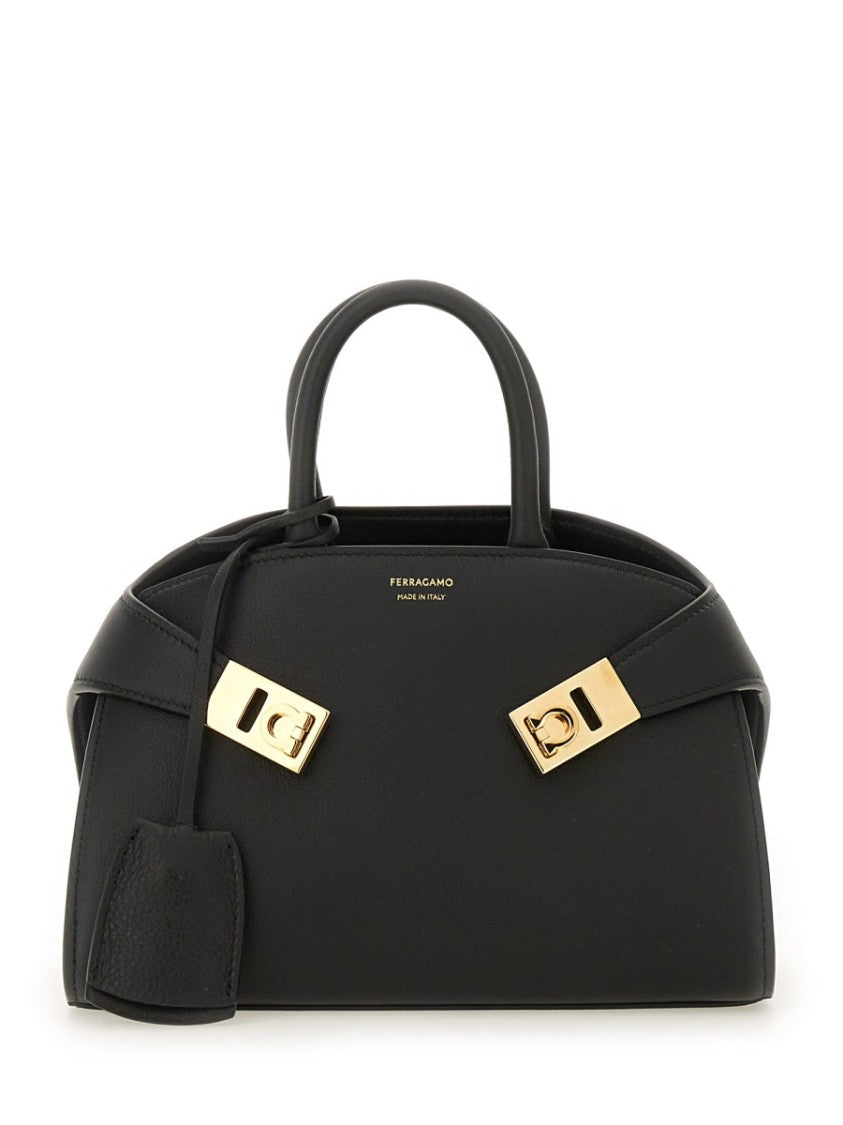 Ferragamo Curved Black Calf Leather Mini Handbag With Gold Accents