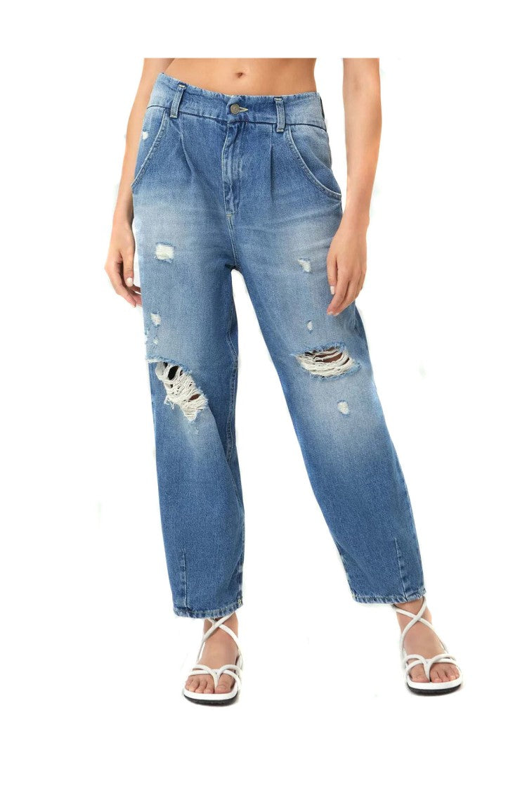 Dondup Blue Distressed Barrel-Leg Cotton Jeans