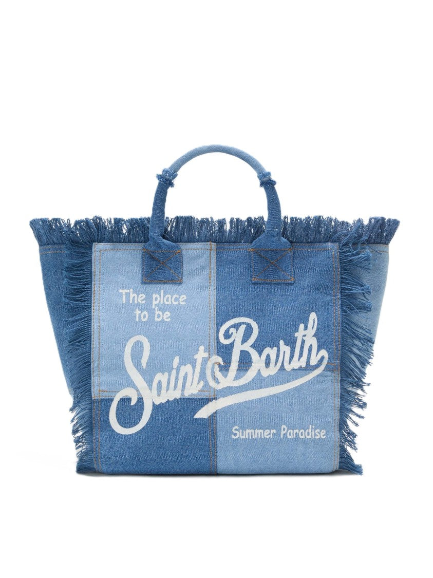 Mc2 Saint Barth Patchwork Denim Tote Bag With Fringed Edges