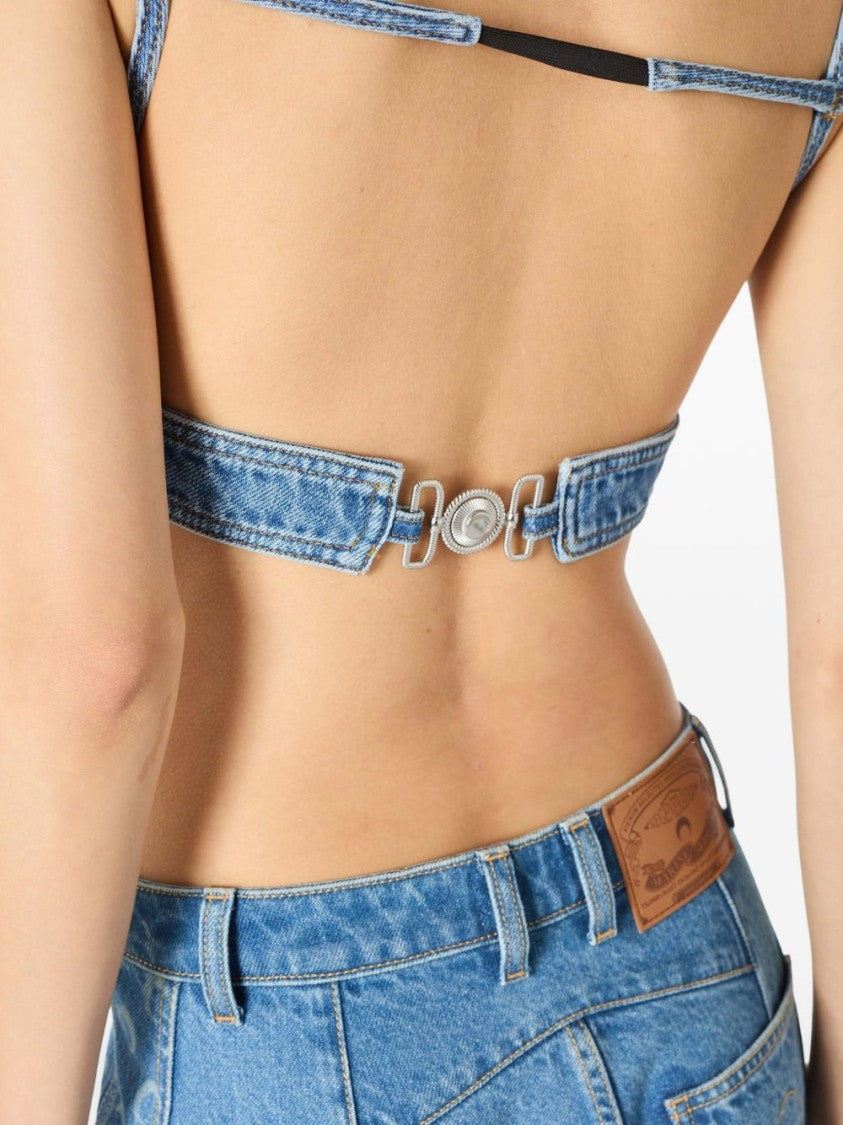 Marine Serre Blue Cropped Denim Cut-Out Top
