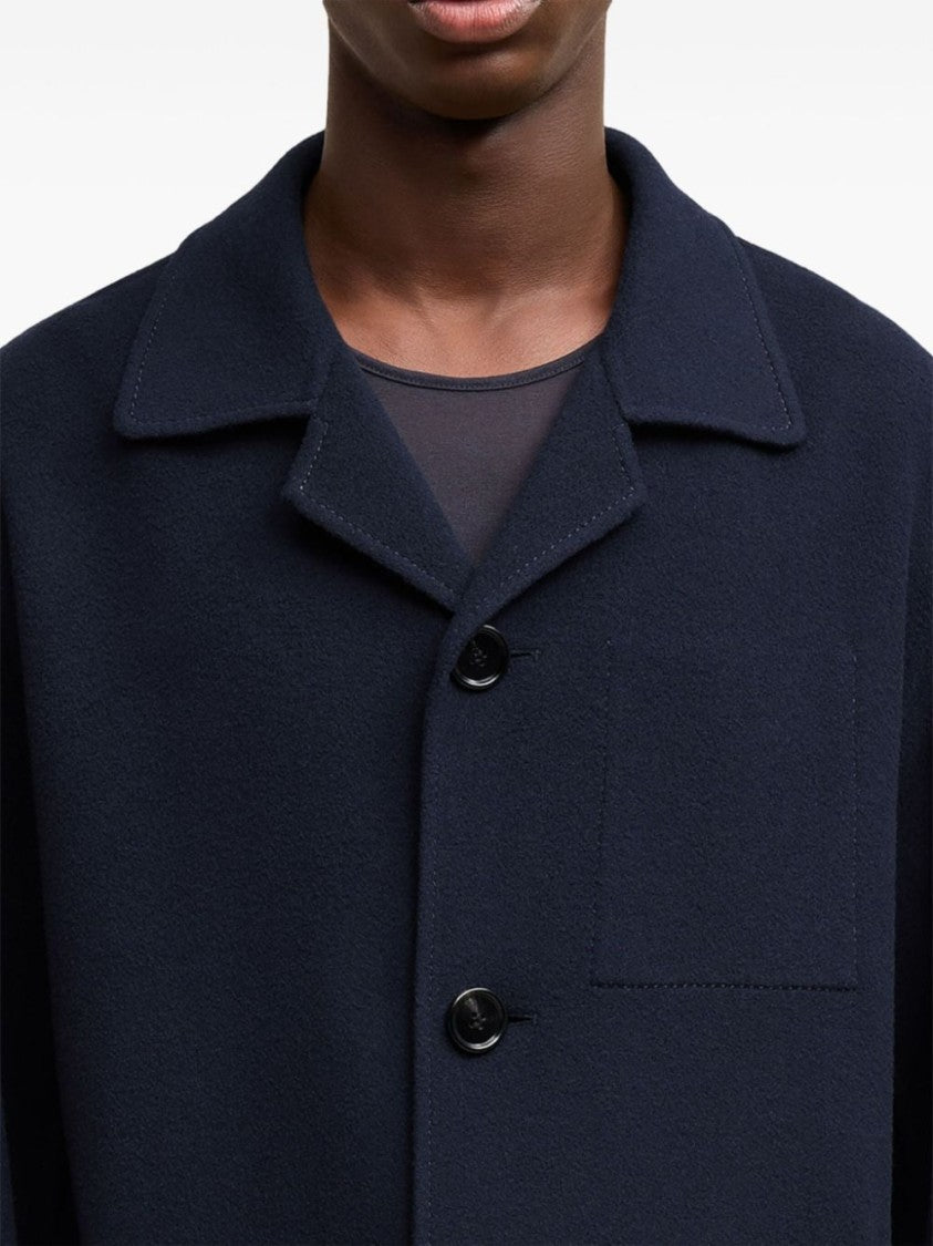 Ami Paris Navy Blue Wool-Cashmere Blend Coat