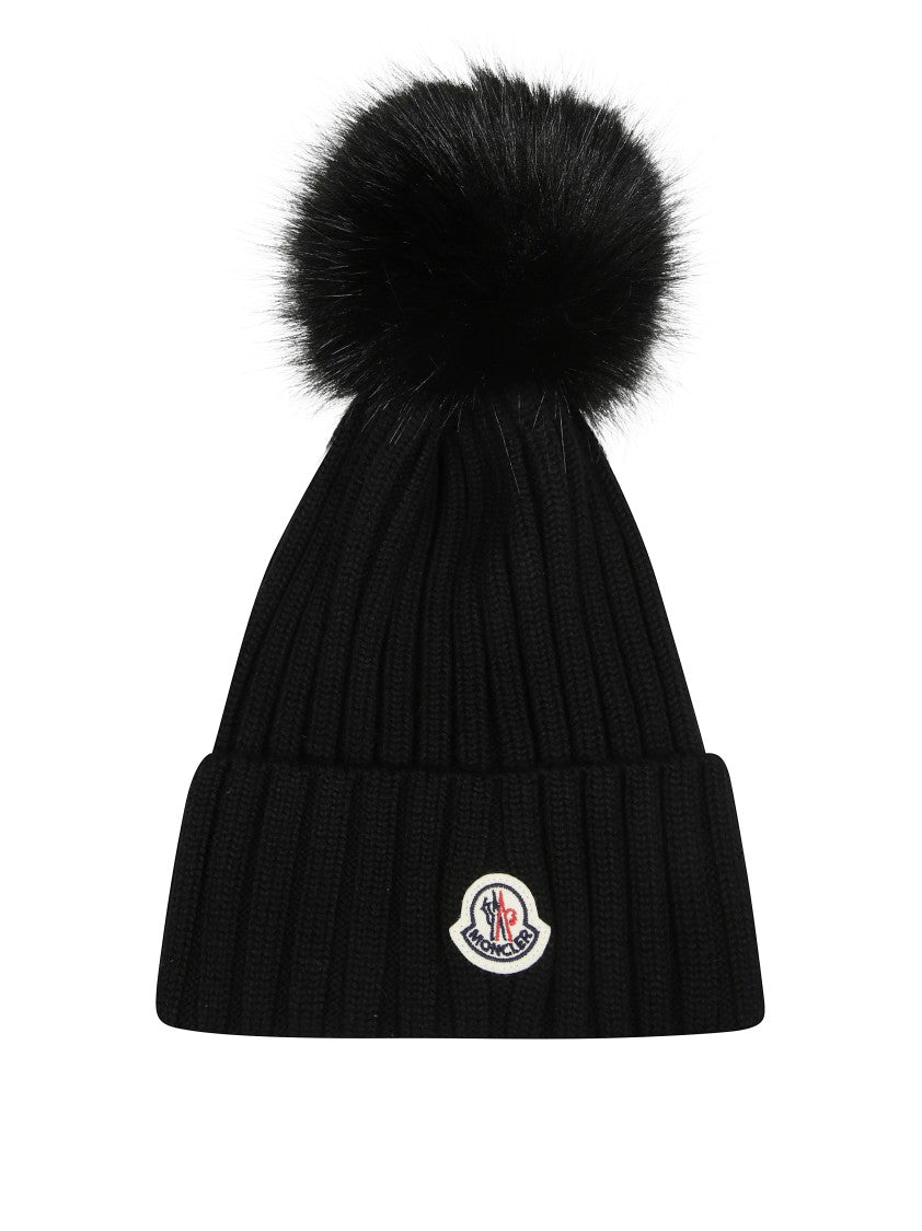 Moncler Ribbed Knit Hat With Fluffy Pom-Pom