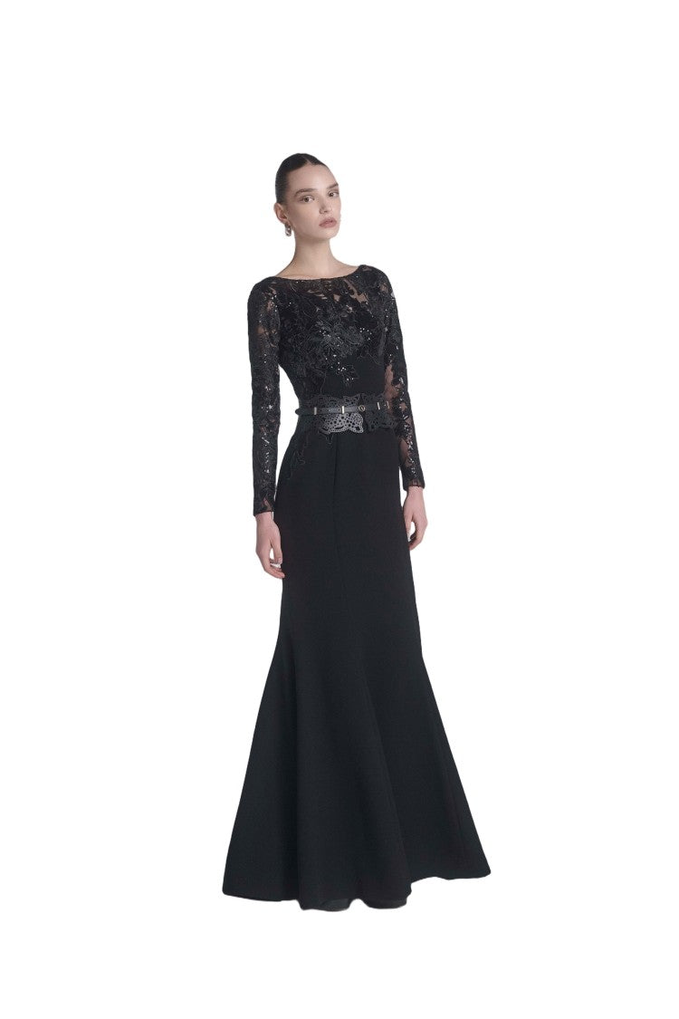 Saiid Kobeisy Embroidered Crepe Dress With Leather Belt
