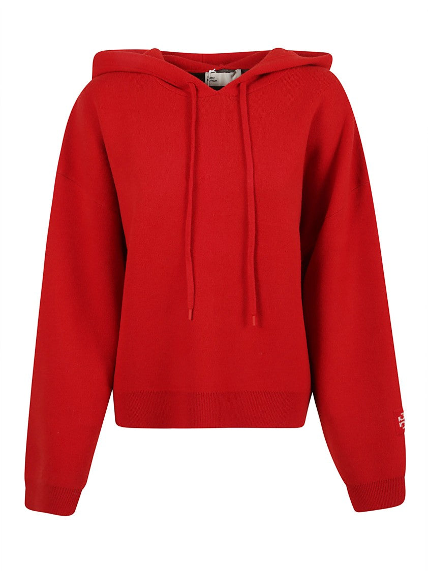 Tory Burch Ribbed Cuff Drawstring Hooded Sweater In Red