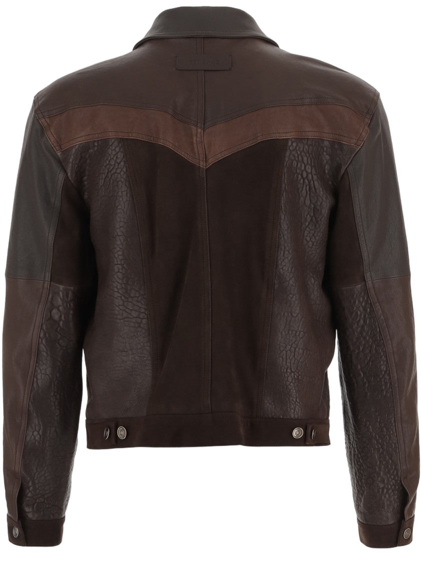 Versace Brown Leather Jacket With Pointed Collar