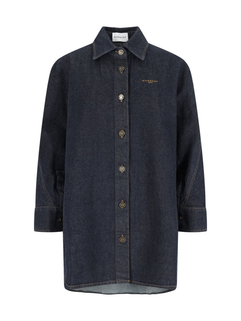 Givenchy Logo Denim Shirt, Blue, Classic Collar, Button Closure