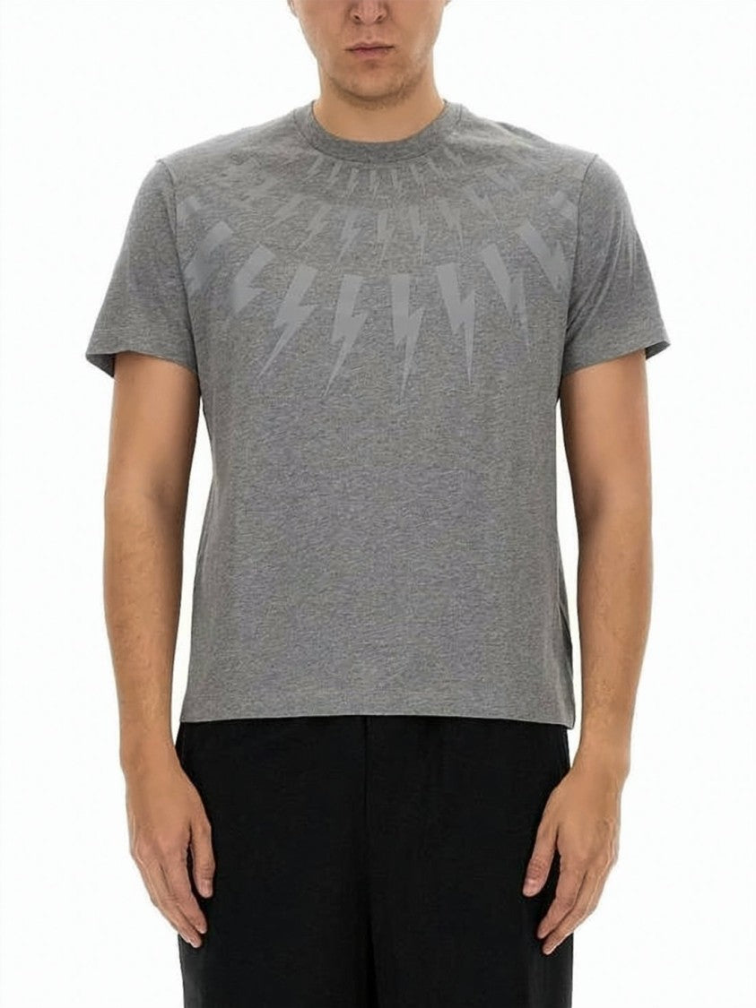 Neil Barrett Short-Sleeve Crew Neck T-Shirt With Lightning Bolt Pattern