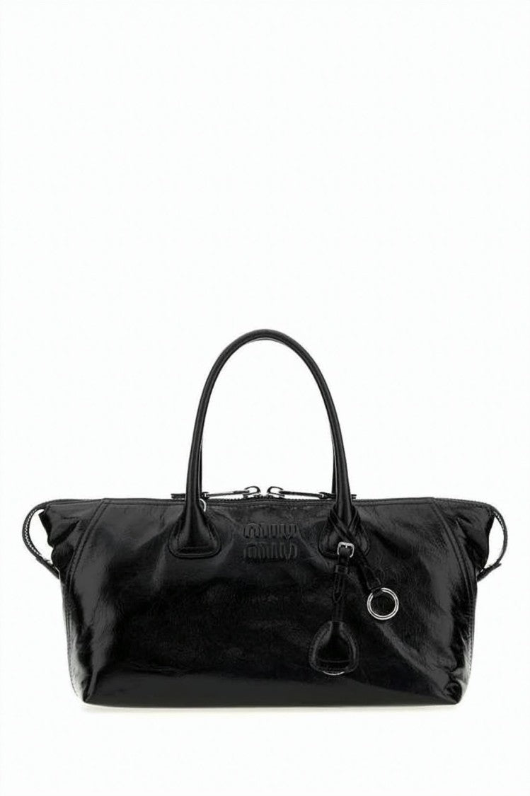 Miu Miu Glossy Leather Shoulder Bag With Embossed Branding And Dual Handles