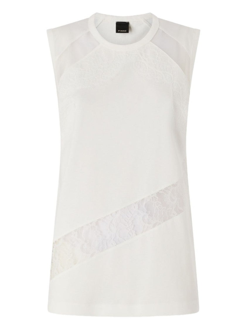 Pinko Sleeveless White Cotton Top With Lace Inserts And Relaxed Fit