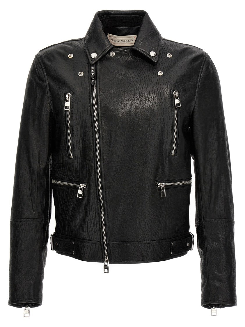 Mcqueen Textured Leather Jacket With Zip Closure