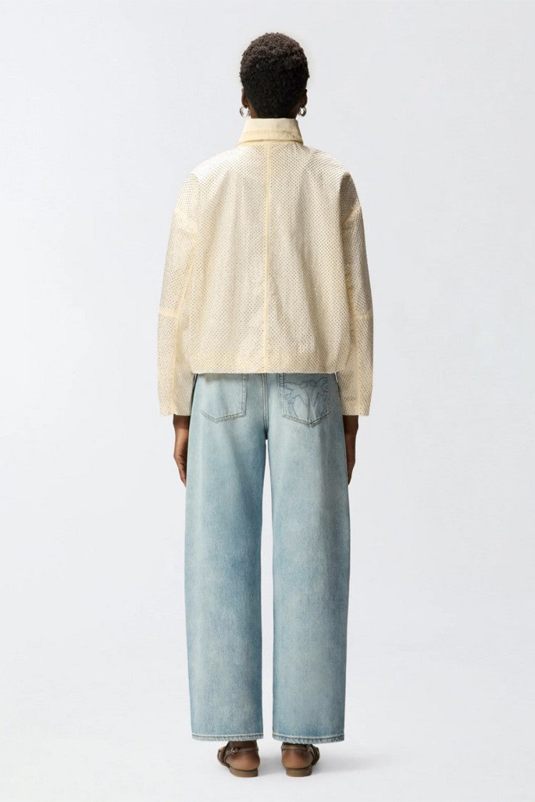 Pinko White Perforated Rhinestone Funnel Neck Nylon Jacket