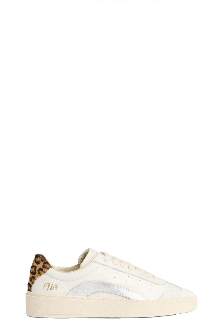 Dsquared2 White Leopard-Print Heel Tab Metallic Panel Leather Sneakers