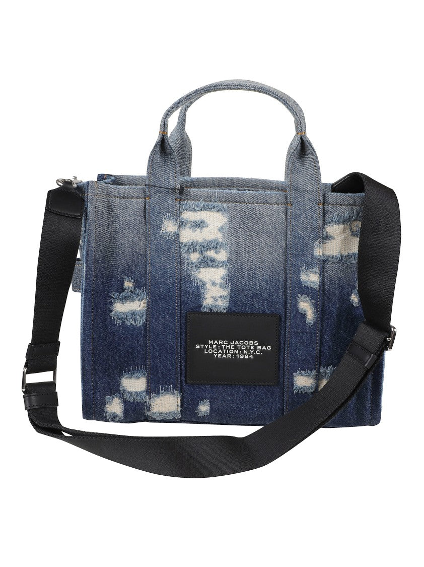Marc Jacobs Distressed Denim Tote Bag With Bold Logo And Versatile Carrying Options
