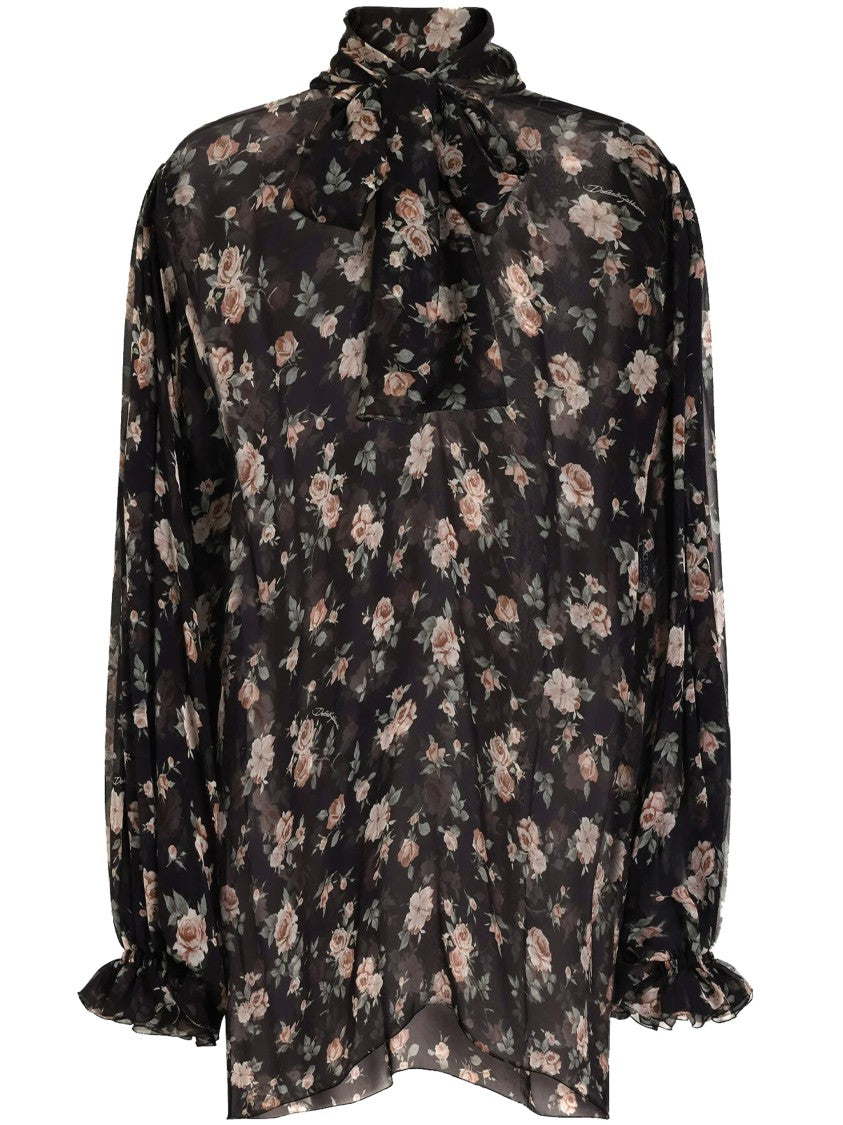 Dolce & Gabbana Black Sheer Floral Print Silk Blouse