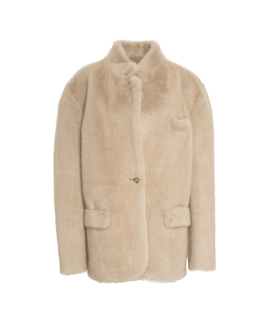 Forte Dei Marmi Couture Beige Faux Fur Jacket With Notch Collar