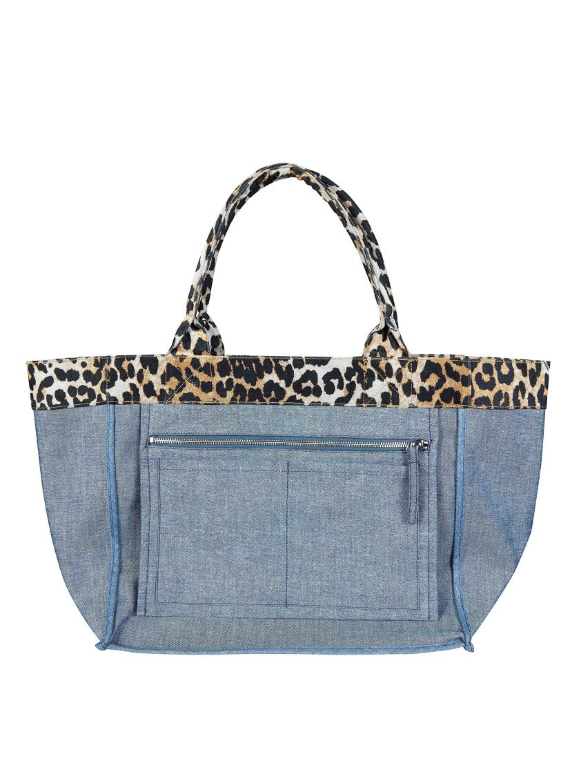 Ganni Denim Leopard Print External Pocket Tote Bag