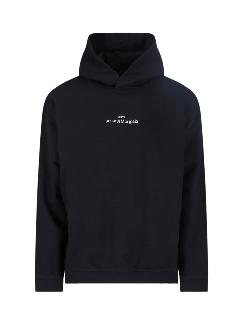 Maison Margiela Classic Crew Neck Black Hooded Sweatshirt With Ribbed Cuffs