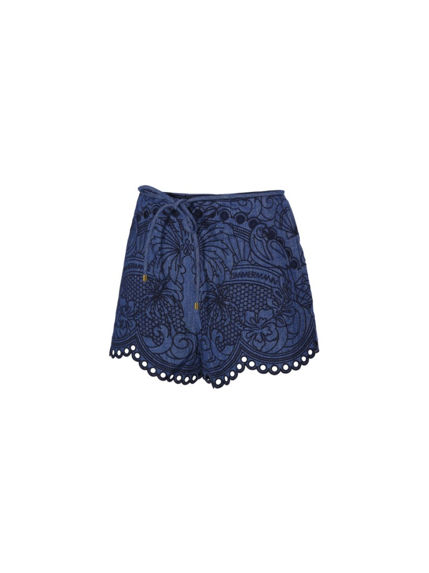 Zimmermann Coco Embroidered Denim Shorts With Scalloped Hemline
